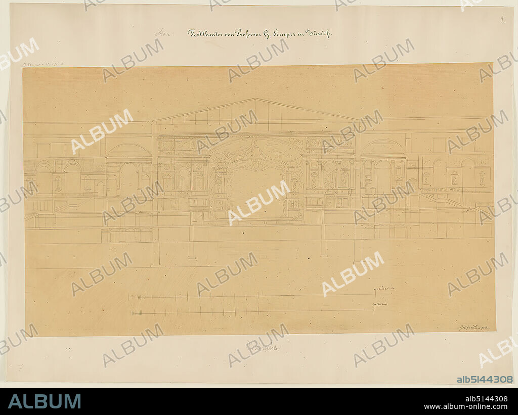 Gottfried Semper, preliminary design for the Richard-Wagner-Festspielhaus, Munich. Cross-section through the auditorium, tracing paper, drawing, sheet size: height: 35 cm; width: 60 cm, signed, in lead: Gottfried Semper, inscribed: recto on the cardboard: in ink: Mon. [added in lead] Festival Theater of Professor Gottfried Semper in Zurich, in lead: G. Semper 180-21-4, 1, Munich, F, design drawings, cut through an architecture, opera house, architecture, architectural drawing or model.