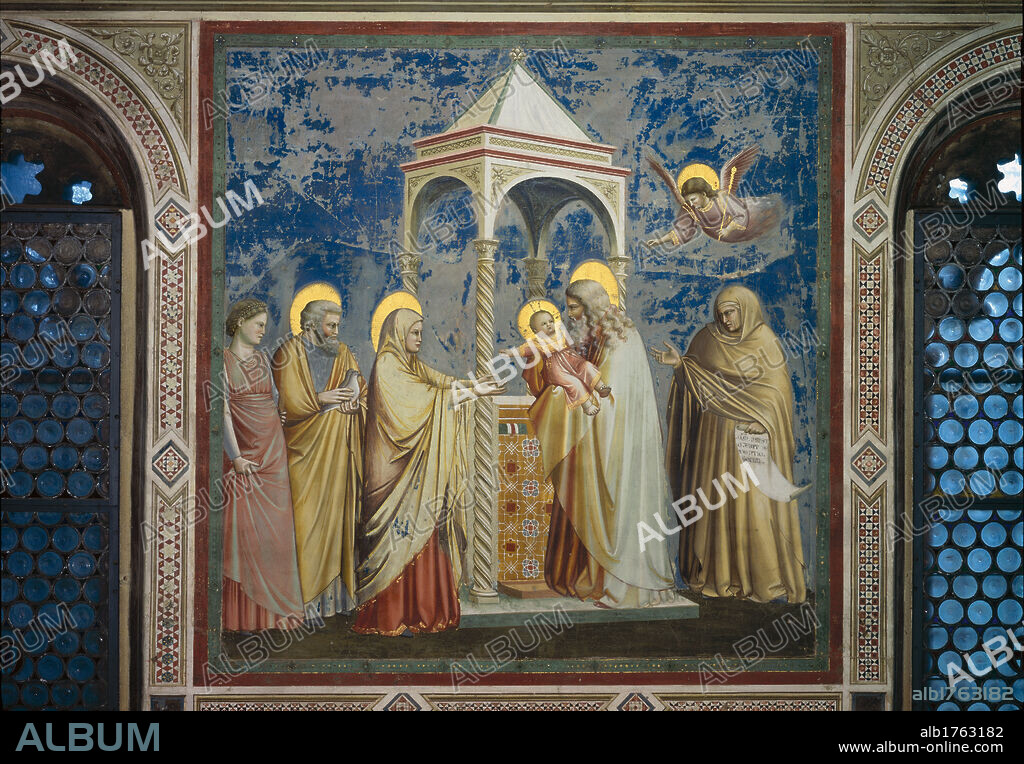 Scenes from the Life of Christ Presentation of Christ at the Temple, by Giotto, 1304-1306, 14th Century, fresco, cm 200 x 185. Italy, Veneto, Padua, Scrovegni Chapel. All. The Virgin Mary and St Joseph Saint present the Infant Jesus the Christ Child in the Temple depicted in the shape of a Gothic ciborium St Anne Solomon priests angel.
