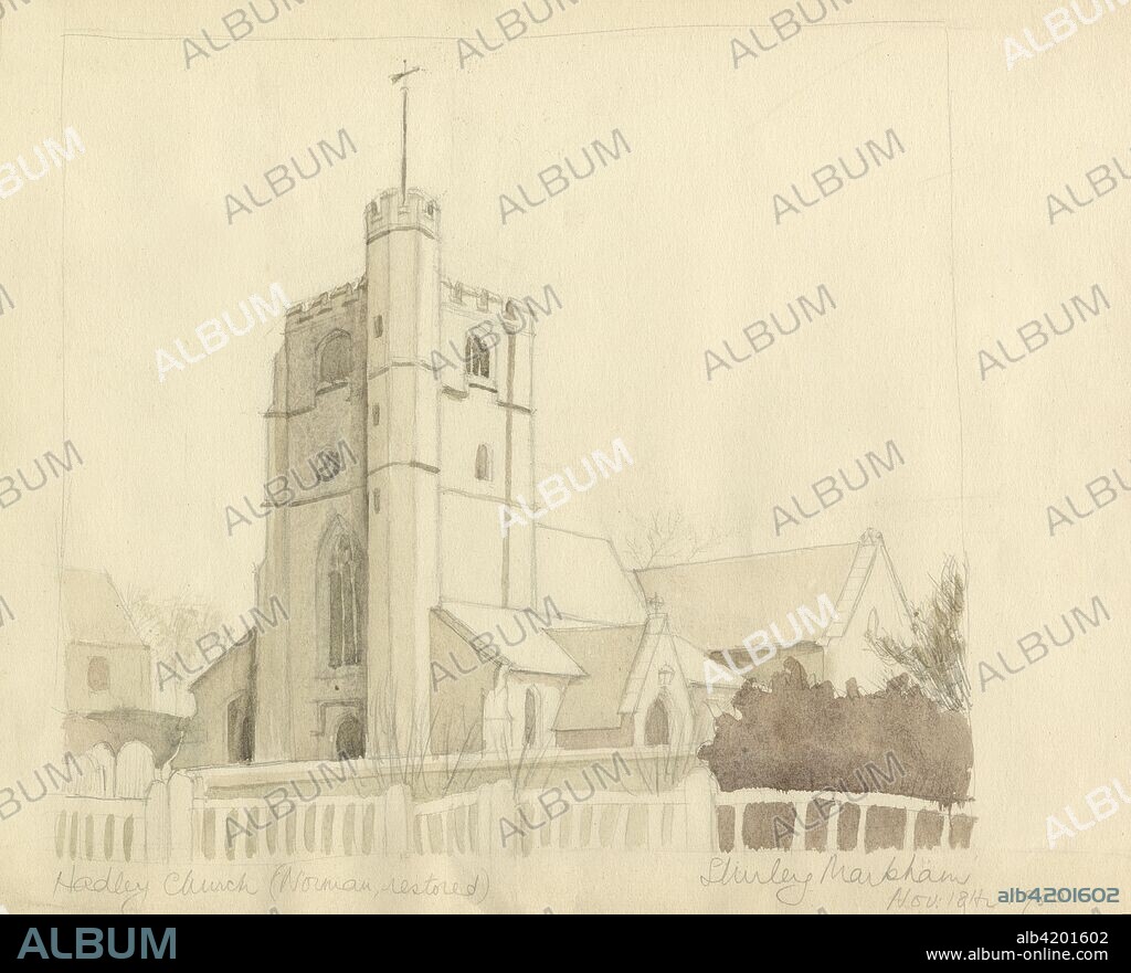 'Hadley Church, (Norman, restored)', 1950. St Mary the Virgin, Monken Hadley, Barnet, London. Shirley Markham (1931-1999) studied Graphic Design and Illustration at Central School of Art in London from 1950-1952. The writer, artist, poet, and illustrator Mervyn Peake (1911-1968) was one of her tutors, and her style of drawing was also influenced by other British illustrators such as Edward Ardizzone, Quentin Blake and Edward Bawden. Markham spent time in the Dolomite Mountains in Italy, and also visited Rome, sketching classical buildings. After graduating from Central, she worked as a graphic designer, producing book illustrations, cartoons for comics, menus and programmes. She gave up her promising career however when she got married in 1957. Middle-class women at that time were expected to devote their energies to bringing up children and running the home, and despite her obvious talent, she lacked the confidence to return to illustration. Her portfolio remained in the family attic for many years, but now her work is published here for the first time.