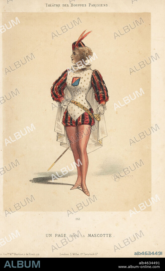 Woman in costume as a page in La Mascotte at the Theatre des Bouffes Parisiens, 1880s. Handcoloured lithograph by Chatiniere published by Martinet, Paris, 1880s.