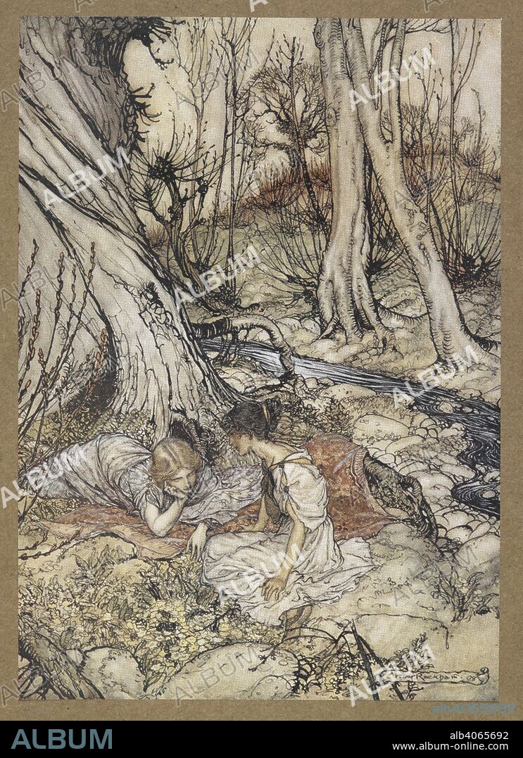 WILLIAM SHAKESPEARE. ... Where often you and I upon feint primrose-buds wont to lie, emptying our bosums of their councel sweet.'  Hermia and Helena. A scene from 'A Midsummer Night's Dream.  . A Midsummer Night's Dream ... With illustrations by Arthur Rackham. London : William Heinemann, 1908. Source: Cup.410.bb.55, facing page 12.