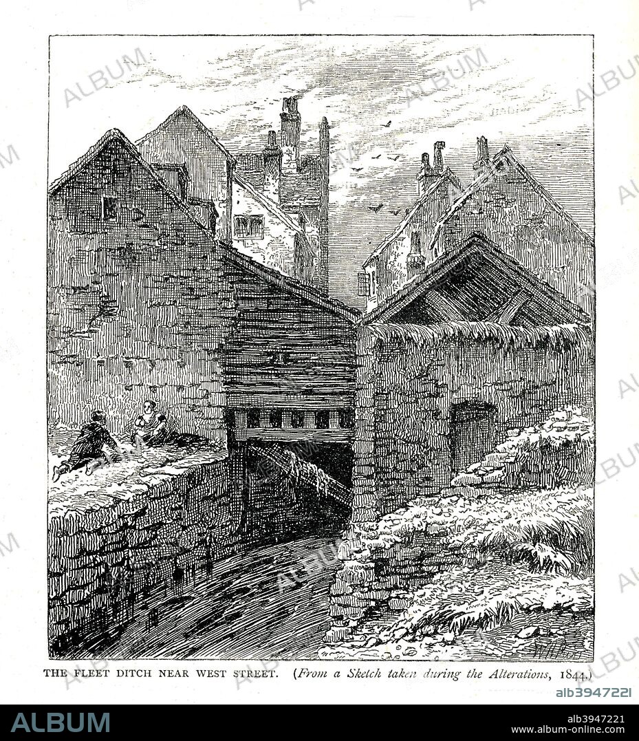 The Fleet Ditch near West Street. From a sketch taken during alterations, 1844.Engraving from'Old and new London' Volume 2 by Walter Thornbury.Published by Cassell,Petter and Galpin.