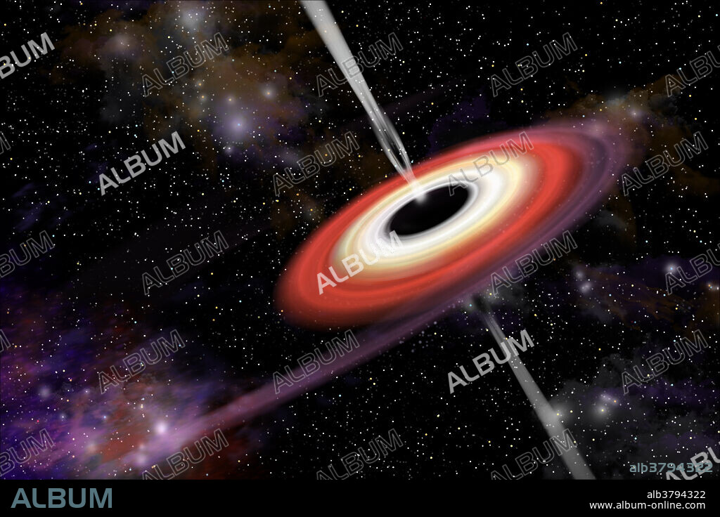 An artist's depiction of a black hole and it's accretion disk in interstellar space pulling in gas and dust from a nearby nebula. Gamma ray bursts exit at the black hole's poles and shoot into space.