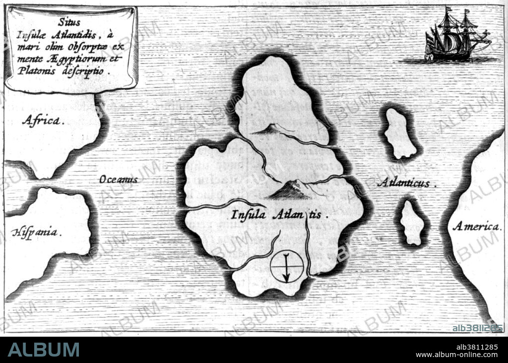 Athanasius Kircher's map of Atlantis, in the middle of the Atlantic Ocean from Mundus Subterraneus, 1665 edition. The map is oriented with south at the top. The story of the lost continent of Atlantis starts in 355 BC with the Greek philosopher Plato. In his book, Timaeus, a character named Kritias tells an account of Atlantis that has been in his family for generations about a powerful empire located to the west of the Pillars of Hercules (Straight of Gibraltar) on an island in the Atlantic Ocean. The capital city of Atlantis was a marvel of architecture and engineering. The city was composed of a series of concentric walls and canals. At the very center was a hill, and on top of the hill a temple to Poseidon. Inside was a gold statue of the God of the Sea showing him driving six winged horses. About 9000 years before the time of Plato, after the people of Atlantis became corrupt and greedy, the gods decided to destroy them. A violent earthquake shook the land, giant waves rolled over the shores, and the island sank into the sea, never to be seen again.