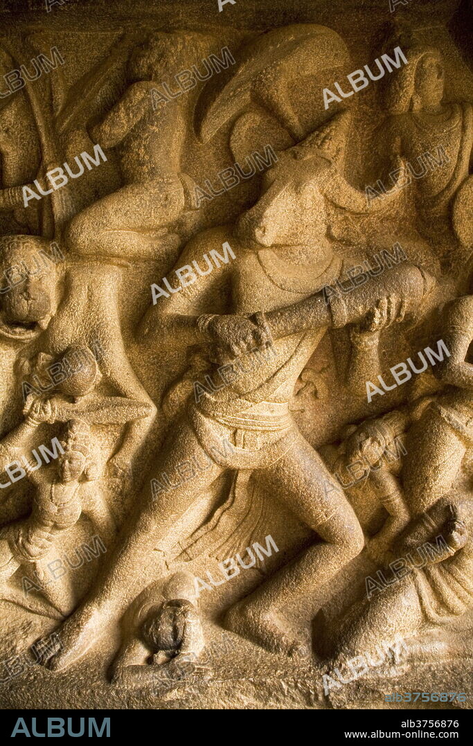 Detail from the Mahishasuramardini Cave, one of the rock-cut cave temples within the ancient site of Mahabalipuram (Mamallapuram), UNESCO World Heritage Site, Tamil Nadu, India, Asia.