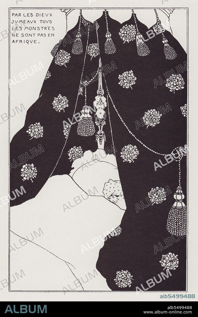 Portrait of Himself, 1894. British artist and eccentric Aubrey Beardsley (1872-1898) depicts himself as a tiny figure in an enormous canopied bed. Inscription top left: 'Par les Dieux Jumeaux tous les Monstres ne sont pas en Afrique'. [By the twin Gods, not all monsters are in Africa], a reference to Beardsley's frail health due to tuberculosis. He was diagnosed at the age of seven, and knew that he would not live very long. Despite frequent bouts of ill-health, he produced well over a thousand drawings between 1893 and 1898. His decadent and erotic subject matter was frequently shocking and even pornographic. His brilliant career was cut short when he died, aged 25, in the South of France. 'From The Yellow Book, Vol. III. Compared to the pomposities in the Uffizi Gallery, this is a delightfully witty self-portrait', Published in "The Best of Beardsley" edited by R. A. Walker, [The Bodley Head, London, 1948].