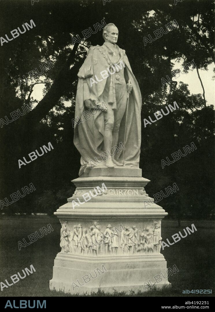 'Statue of Lord Curzon in Grounds of Victoria Memorial Hall', 1925. From British Government in India, Volume Two, by Lord Curzon of Kedleston. [Cassell and Company Ltd, London, New York, Toronto and Melbourne, 1925]. British Conservative statesman, who served as Viceroy of India, from 1899 to 1905.