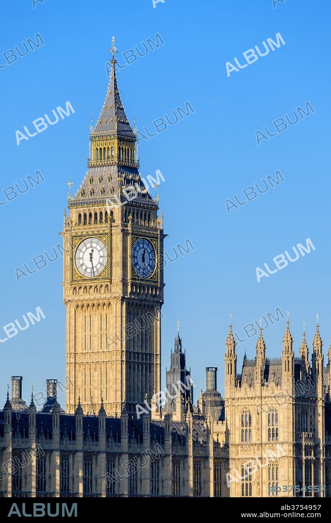 Clock tower of Big Ben (Elizabeth Tower) above Palace of Westminster, Houses of Parliament, Westminster, UNESCO World Heritage Site, London, England, United Kingdom, Europe.