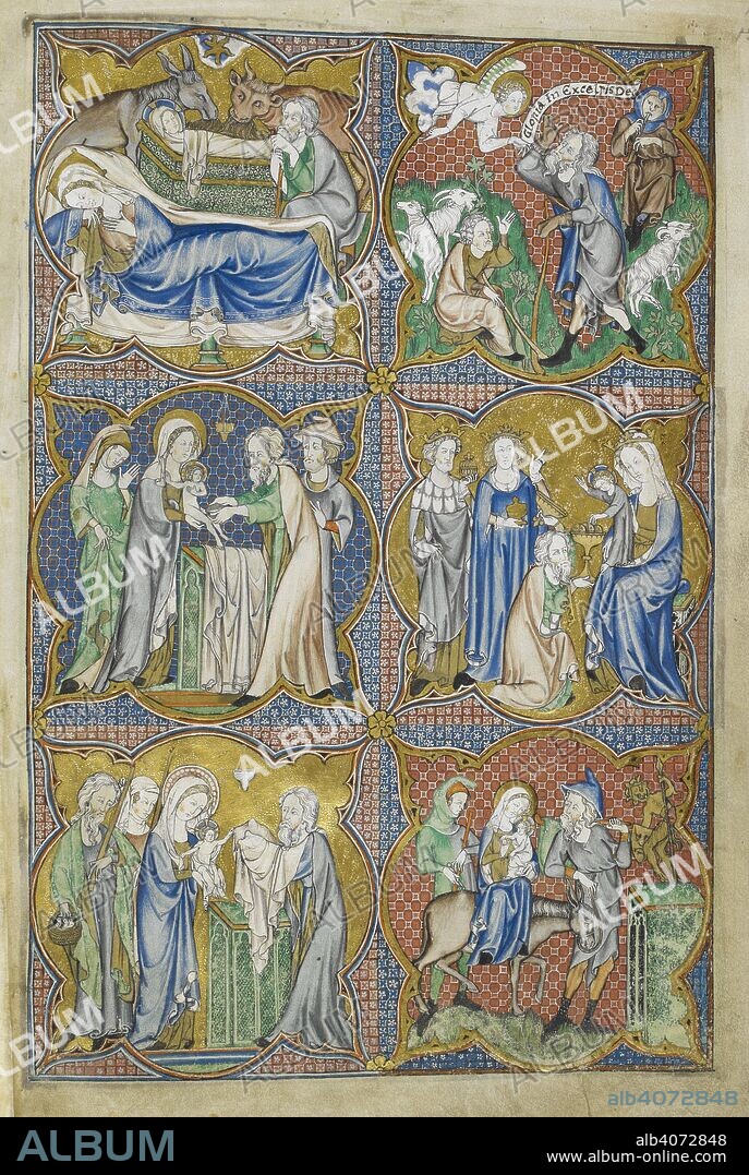 MADONNA MASTER. Six scenes from the life of Christ: the Nativity, the Annunciation to the Shepherds, the Circumcision, the Adoration of the Magi, the Presentation of Christ in the Temple and the Flight into Egypt. Psalter of Robert de Lisle. England [London?]; circa 1310. Source: Arundel 83, f.124. Language: Latin.