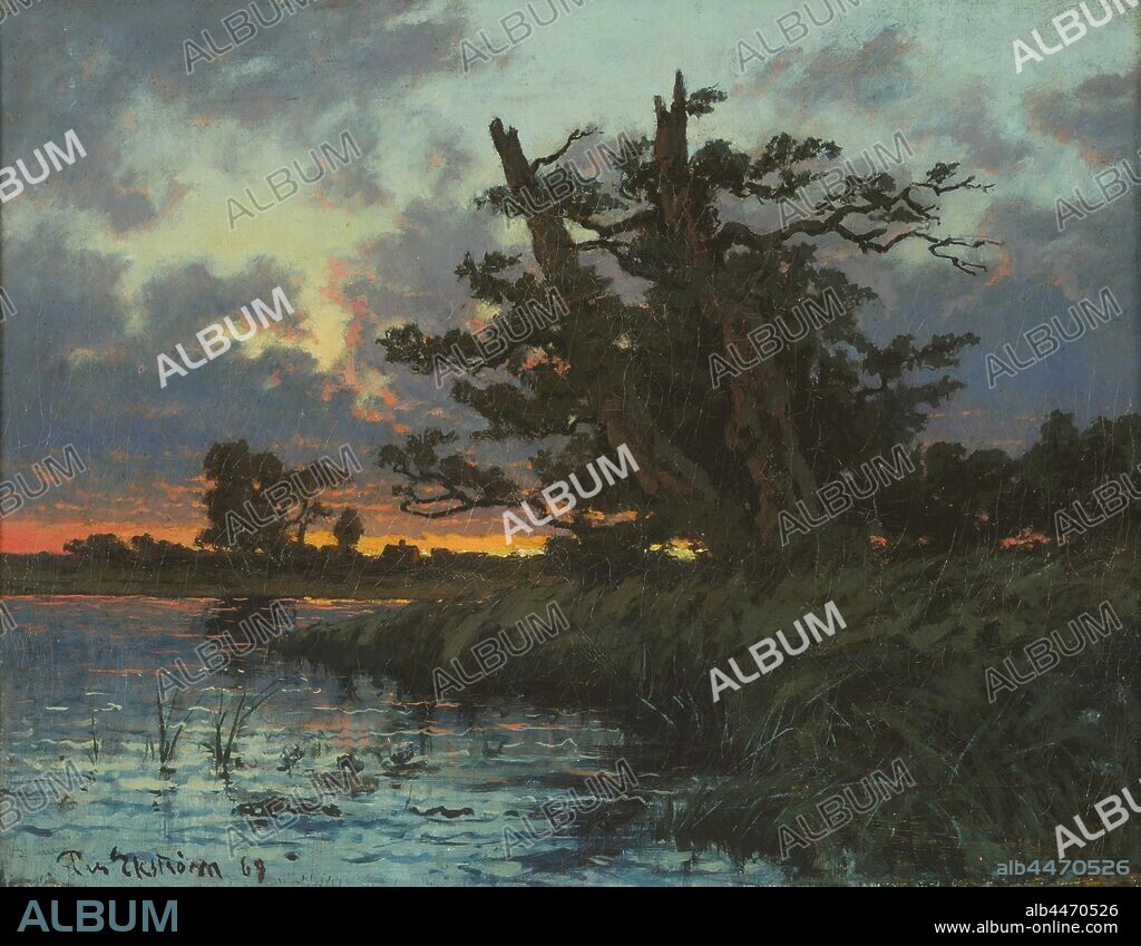 Per Ekström, Landscape after Sunset, Swedish landscape, sunset, painting, landscape art, 1869, oil on canvas, Height, 36 cm (14.1 inches), Width, 45 cm (17.7 inches), Inscription, Gift box, to Aug, Strindberg of, ..., Ekström, on the back, Signed, Per Ekström 69.