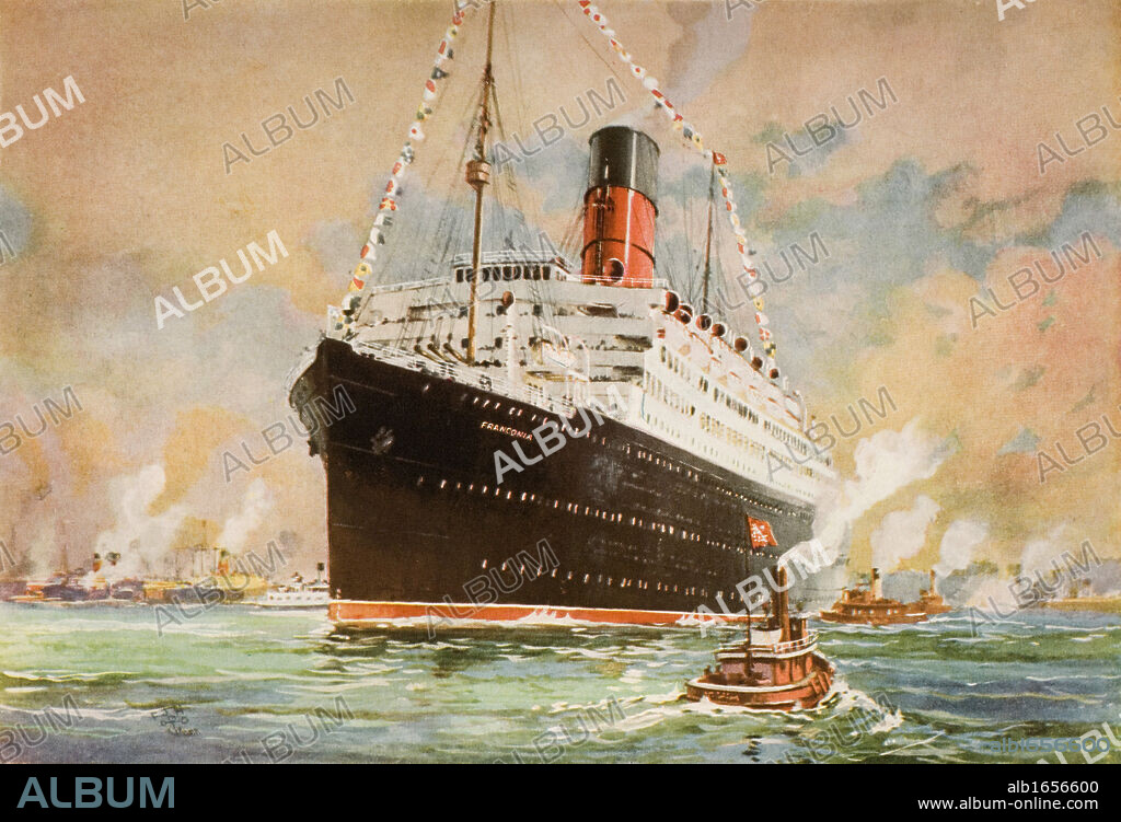 Cunard Line promotional brochure for the "Franconia" circa 1926-1930. The ship at sea.