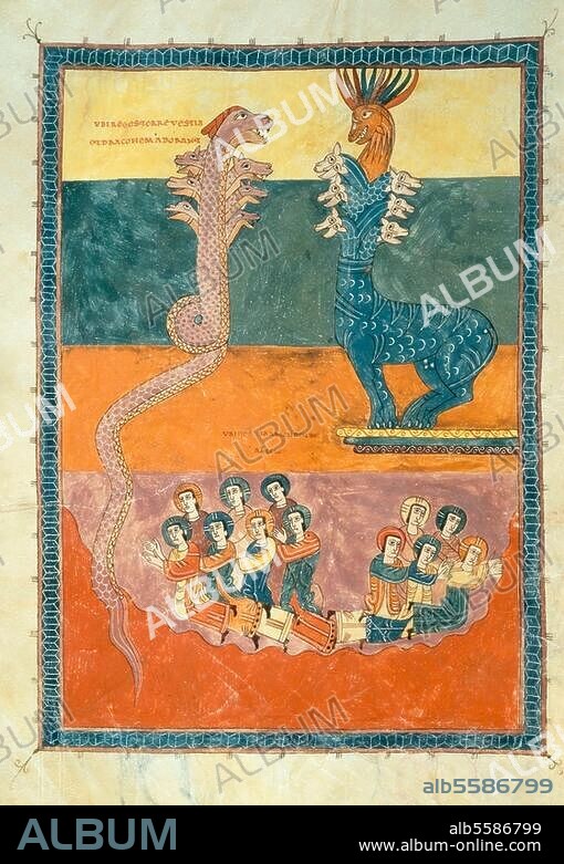 EMERETRIUS (ILLUMINATOR) y ENDE (ILLUMINATORIN). Illumination, Mozarabic, S.Salvador de de Tábara monastery, Emeretrius (monk). and Ende (nun), 975. - The Beast from the Sea and the Beast from the Earth (Rev. 13,1-18). From the Beatus of Gerona (Beato de Liébana, In apocalypsin commentarius - Apocalypse commentary, 786). On parchment, 400 × 260mm. Ms. 7 (11), fol. 17 (..?) v, Gerona, Museo Capitular de la Catedral.
