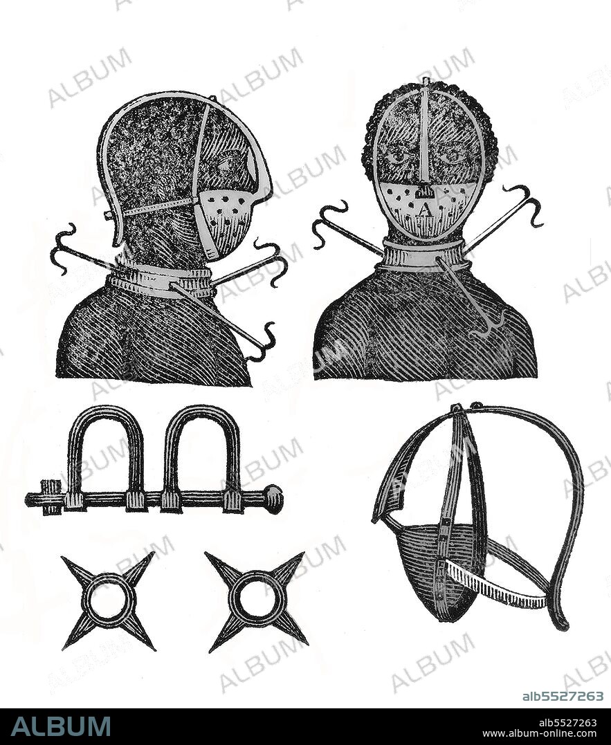 This engraving shows 'the front and profile view of a slave's head, with the mouth-piece and necklace, the hooks round which are placed to prevent an escapee when pursued in the woods, and to hinder them from laying down the head to procure rest'.  'At A [see letter over mouth of figure on the right] is a flat iron which goes into the mouth, and so effectually keeps down the tongue, that nothing can be swallowed, not even the saliva, a passage for which is made through holes in the mouth-plate'.   On the lower right is an enlarged view of this mouth piece which 'when long worn, becomes so heated as frequently to bring off the skin along with it'. The lower left shows leg shackles used on the slave ships; also, 'spurs used on some plantations in Antigua' (placed on the legs to prevent slaves from absconding).