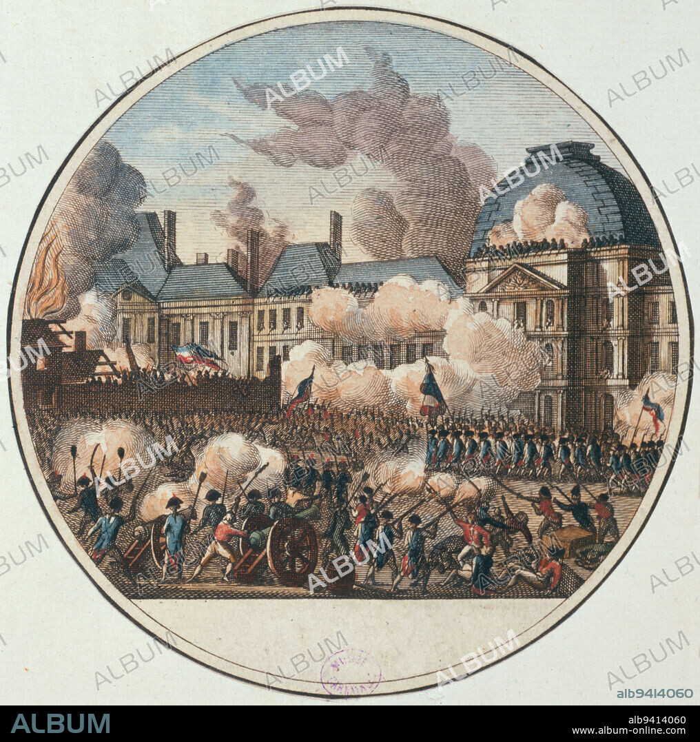 French Revolution: Day of August 10, 1792. Assault of the Tuileries by the people, the National Guard and the federates. 1st district. Nº84 plate 6 of the 'Galerie Historique... 'circa 1799, Lorent or Laurent, Jean-François, Draughtsman, Jacowick, G., Engraver, Chateigner, Editor, Circa 17941804, Graphic arts, French Revolution, Print, Diameter: 9.1 cm.