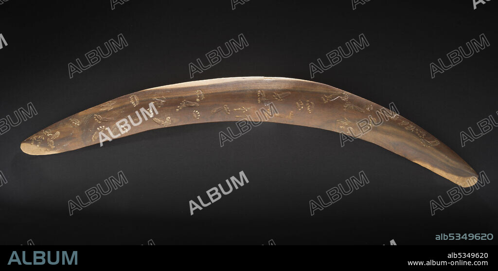 Boomerang, ca. 1969. This boomerang, an example of the "first aerodynamic shape conceived by man," was presented in 1969 to NASA astronaut Michael Collins by the Australian Television Network Channel 7 in celebration of the success of the Apollo 11 Moon landing that July. After Apollo 11, Collins, the command module pilot, and his two crewmates, the first moonwalkers Neil Armstrong and Buzz Aldrin, embarked on a 45-day world tour. Commemorative items like this one, prepared by organizations, companies, or nations, provided a tangible demonstration of the enthusiasm for the first Moon landing. Collins, later the director of the National Air and Space Museum and an undersecretary of the Smithsonian Instituion, gave the boomerang to the National Collection in 1986. Boomerangs are thrown tools used by Aboriginal Australian peoples for hunting. The design dates back to at least 10,000 BCE.
