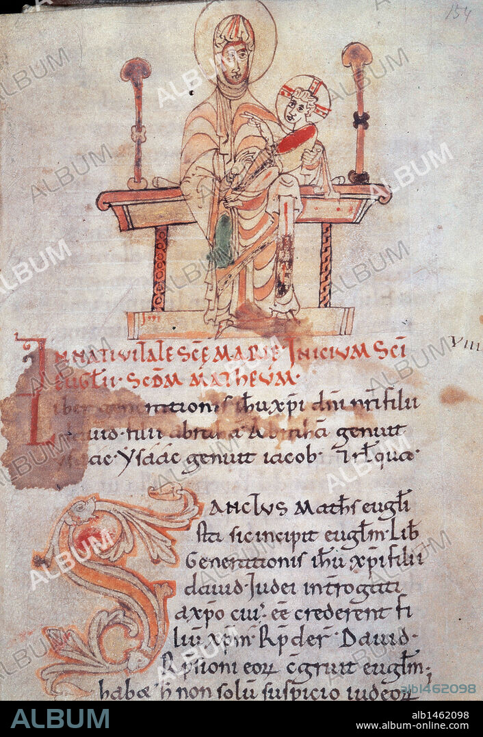 ARTE ROMANICO. SIGLO XI. ESPAÑA. BIBLIA DE RIPOLL. Representación de la VIRGEN Y EL NIÑO. Miniatura del códice "DE LOCIS SANCTIS" de BEDA EL VENERABLE (Wearmouth, 672-Jarrow, 735). Manuscritos de Ripoll 151. Fol. 154 r. Archivo de la Corona de Aragón. Barcelona. Cataluña.