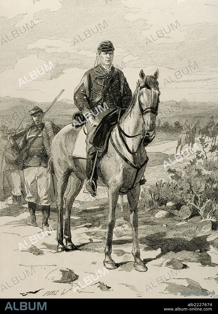 TIRSO LACALLE (1845-1920), apodado El Cojo de Cirauqui. Militar liberal. Jefe de las contraguerrillas del Carrascal, durante las Guerras Carlistas. Grabado por Paris. "La Ilustración Española y Americana", año 1875.