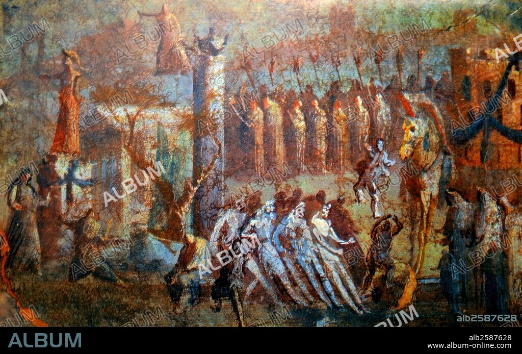 Fresco depicting the arrival of the Trojan Horse, from Pompeii. The Trojan Horse was used to enter the Greek city of Troy Dated 1st Century B.C.