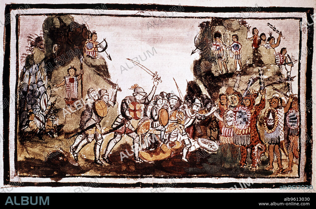 Hernando Cortes (Cortez) (1485-1547), Spanish conquistador, attacking natives in Mexico. Cortes landed in Mexico in 1519. With a force of only some 600 men, he succeeded in overthrowing the empire of the Aztecs, a civilization numbering 5 million. He was able to achieve this partly due to the natives being terrified of the Europeans' horses and firearms, neither of which they had seen before. In addition, the Aztecs believed a prophecy that they would be visited by a light-skinned bearded god, the Quetzalcoatl, who had taught them agriculture and government in the past, and whose return they were to welcome with great ceremony. Cortes was able to exploit his resemblance to the Quetzalcoatl to great effect.
