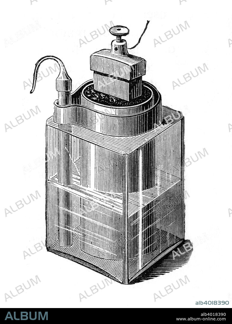 Leclanche wet cell, an early storage battery, 1896. Invented by the French engineer Georges Leclanche (1839-1882), this was an early form of the zinc carbon (dry cell) battery, the first widely used storage battery. It consisted of a glass vessel containing a zinc rod (left), and a central porous cell of a carbon block surrounded by small pieces of carbon and manganese dioxide and sealed with pitch. The conducting fluid or electrolyte was a strong solution of chloride of ammonia. They were used as a power source in early telephones.