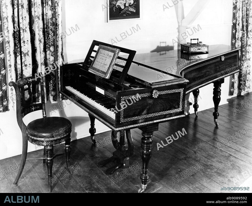 Grand pionoforte c.1819 by John Broadwood 6 octaves - identical to that described as Beethoven's piano the only difference being that the case is rosewood with brass inlay, whilst Beethoven's is of plain mahogany. The Colt Clavier Collection, Bethersden, Kent. John Broadwood (born 6 October 1732 in Oldhamstocks; died 17 July 1812 in London), was the founder of the piano manufacturer Broadwood and Sons. ©TopFoto.