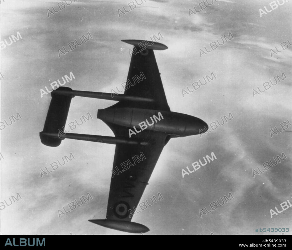 New British Jet Interceptor -- The British de Havilland Venom, a new jet interceptor shown in flight here, is being produced of factory assembly lines for the Royal Air Force seven months after the plane's first test flight. The Venom is similar in design to the jet fighter Vampire but has a two-thirds increase in power, provided by the de Havilland Ghost engine of 5,000-lb. static thrust. The engine, in its civil form, is used to power the Comet jet airliner. May 5, 1950. (Photo by AP Wirephoto.