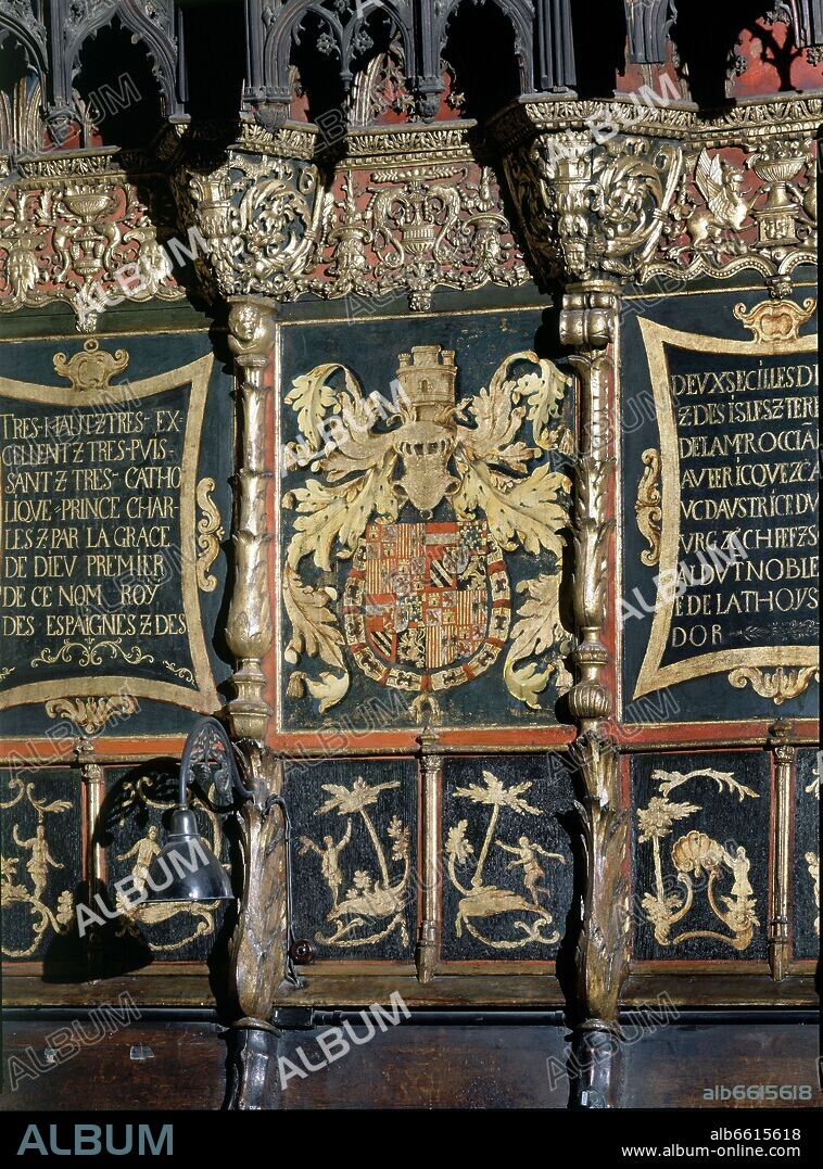 PERE SANGLADA (?-1408). ESCUDO DE DE LA SILLA DE CARLOS V EN EL CORO DE LA CATEDRAL DE BARCELONA - SIGLO XVI.