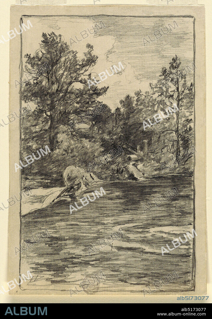 River and Trees, Walter Shirlaw, American, b. Scotland, 18381909, Graphite on white laid paper, A river, flowing swiftly from right to left, rolls down short waterfall at the left. Tall trees border the river's far side with a partial fence and a possible figure at center. Framing line., near Dorset or Manchester ?, Vermont, USA, 188090, landscapes, Drawing, Drawing.