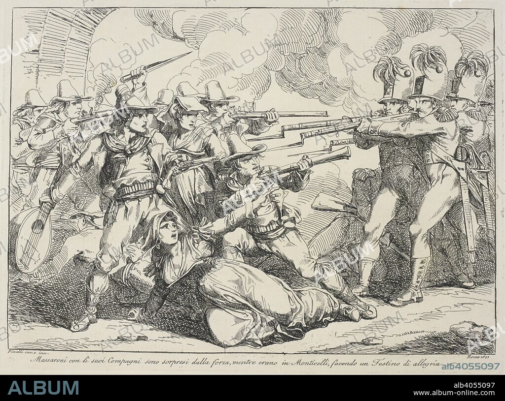 BARTOLOMEO PINELLI. "Massaroni con i suoi compagni sono sorpresi dalla forza mentre erano in Monticelli facendo un festino di allegria"  "Massaroni with his comrades are surprised by the force while in Monticelli doing a feast of joy"  Alessandro Massaroni (1790-1821), was an Italian brigand chief. Events of the life of Massaroni, an Italian bandit. London : Colnaghi, 1823. Source: G.2666 before page 10.