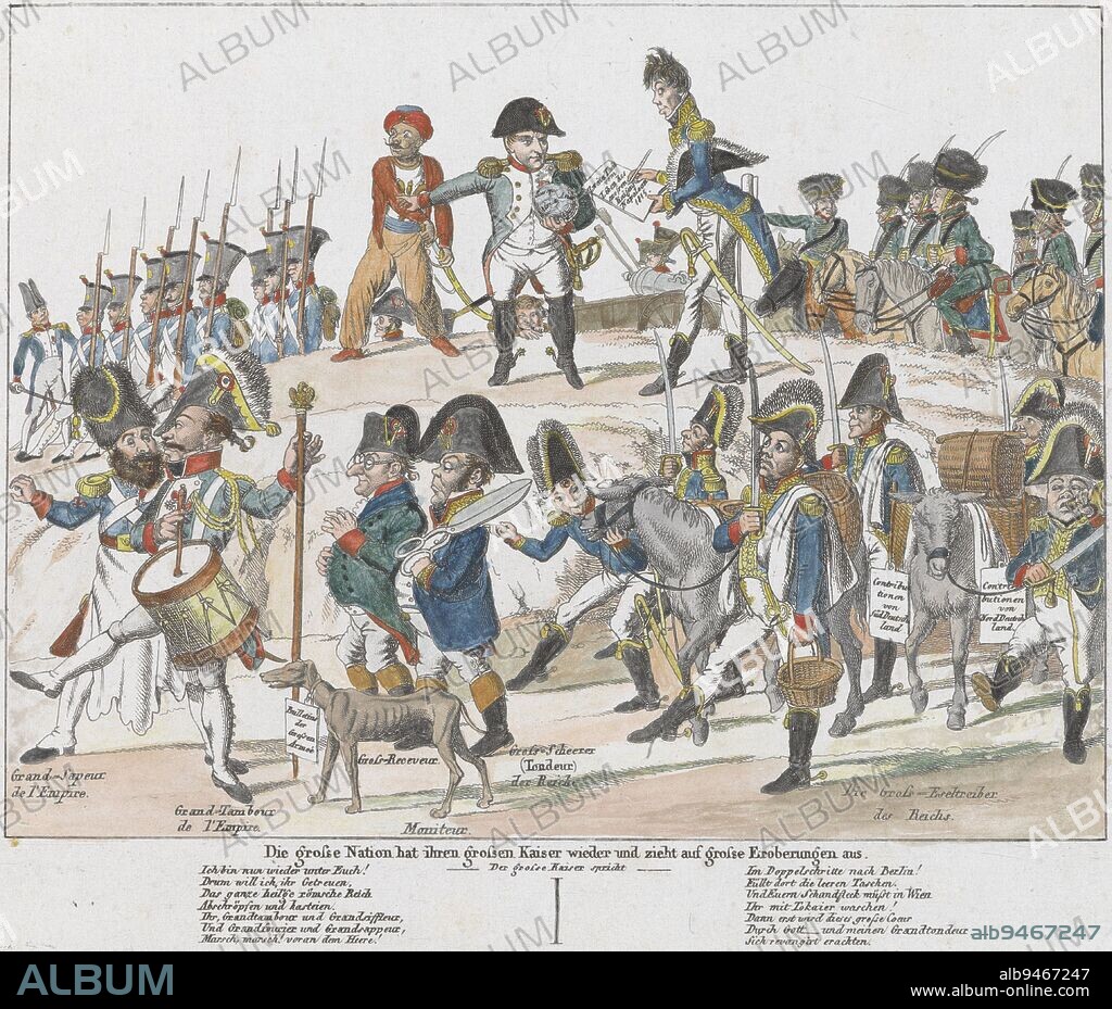 Napoleon's army goes to war again, 1815, Johann Michael Voltz, after Gottfried Schadow, 1815, Cartoon in which after Napoleon's return to France his army goes to war again. Napoleon standing on a hill , globe in hand, gives orders to his adjutant. On the left, Napoleon's Mameluk bodyguard Roustam Raza draws his saber. In the foreground a grotesque procession of generals with donkeys marches by. In the caption two seven-line verses in German, spoken by the emperor., print maker: Johann Michael Voltz, Gottfried Schadow, publisher: Friedrich Campe, print maker: Germany, publisher: Neurenberg, Jun-1815 - Jul-1815, paper, etching, h 182 mm × w 256 cm.