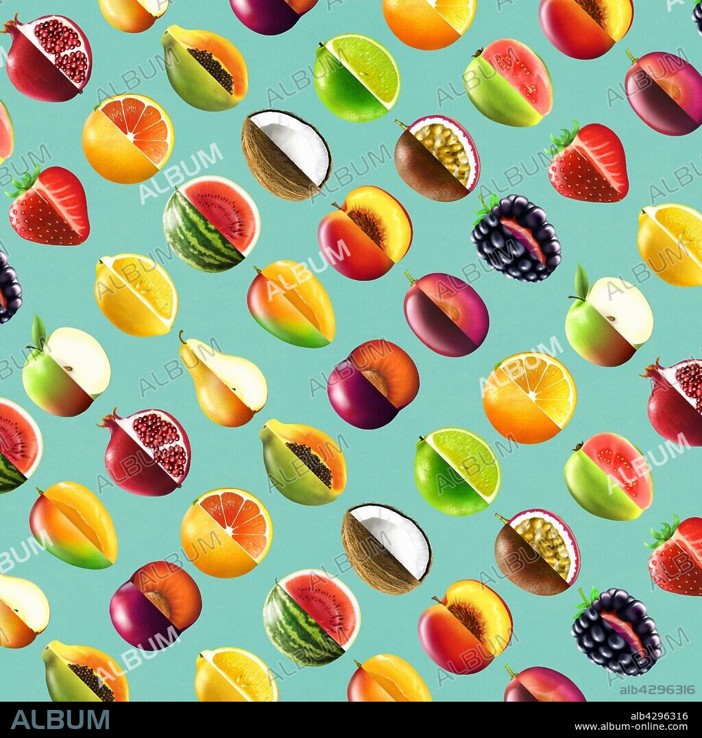 Full frame pattern of lots of bisected fruit showing cross sections.
