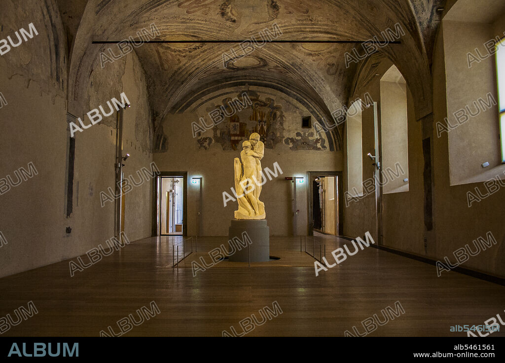 Milan, Lombardy, Italy, Europe. Sforza's Castle (Castello Sforzesco), was built in 15th Century by duke Francesco Sforza, is situated in the center of the city. Unfinished marble sculpture Pietà Rondanini, by Michelangelo Buonarroti (1475-1564). It presents the Madonna standing supporting the dead body of her son Jesus, after the Crucifixion. Museo Pietà Rondanini.