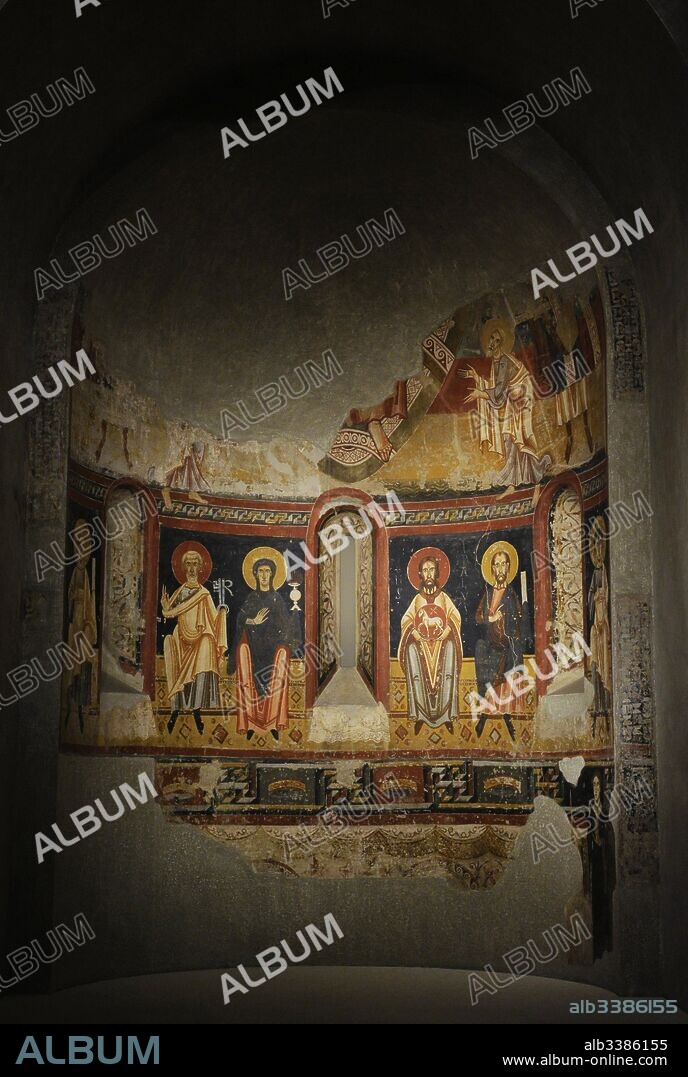 Circle of the Master of Pedret. Main apse of the Burgal (late 11th century-early 12th century). Fresco depicting Saint Peter and the Virgin with chalice (left) and Saint John the Baptist and Saint Paul (right). Romanesque. Fresco transferred to canvas. From the old Church of Sant Pere del Burgal (la Guingueta Aneu, province of Lleida, Spain). National Museum of Art of Catalonia (MNAC). Barcelona. Catalonia. Spain.