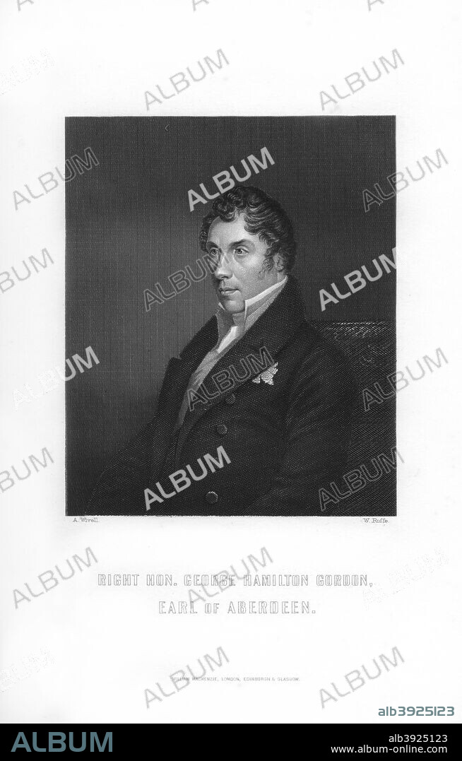 George Hamilton Hamilton-Gordon, 4th Earl of Aberdeen, British Prime Minister, (1893). Prime Minister from 1852-1855, the Earl of Aberdeen (1784-1860) became unpopular due to his perceived mismanagement of the Crimean War (1852-1856) and was forced to resign in February 1855. An engraving from James Taylor's The Age We Live In: A History of the Nineteenth Century, From the Peace of 1815 to the Present Time, William Mackenzie, (London, 1893).