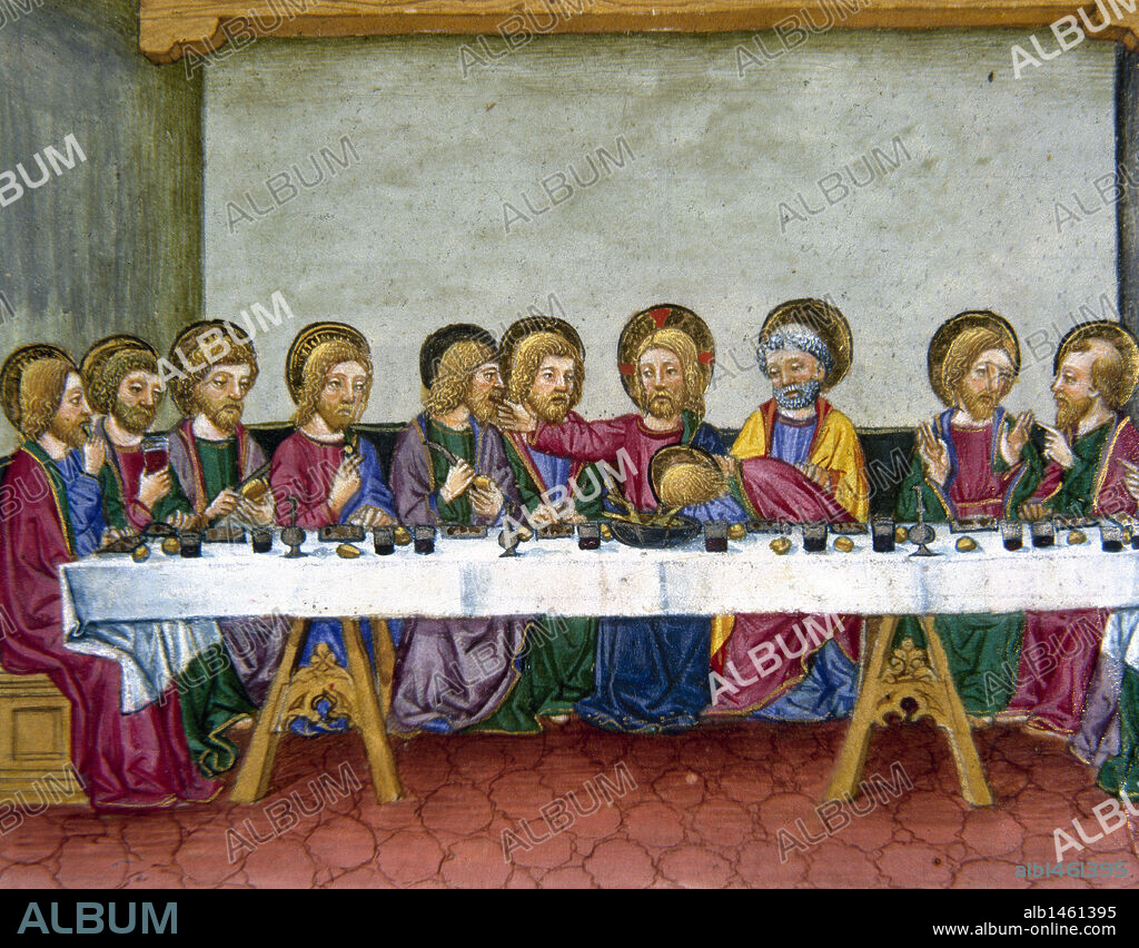 "JESUS EN LA ULTIMA CENA ANUNCIA A LOS APOSTOLES QUE UNO DE ELLOS LO TRAICIONARA". Página miniada del CODICE DE PREDIS (1476). Renacimiento-Quattrocento (s. XV). Biblioteca Real. Turín. Italia.