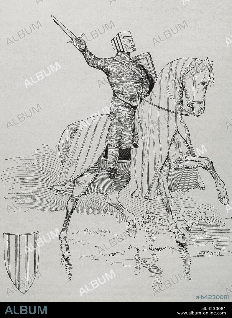 Pedro III de Aragón (1240-1285), llamado el Grande. Rey de Aragón, Valencia, Rey de Sicilia y Conde de Barcelona. "Museo Militar del Ejército Español", Tomo I. Evaristo Ullastres Editor. Barcelona, 1883. Biblioteca Histórico Militar de Barcelona, Cataluña, España.