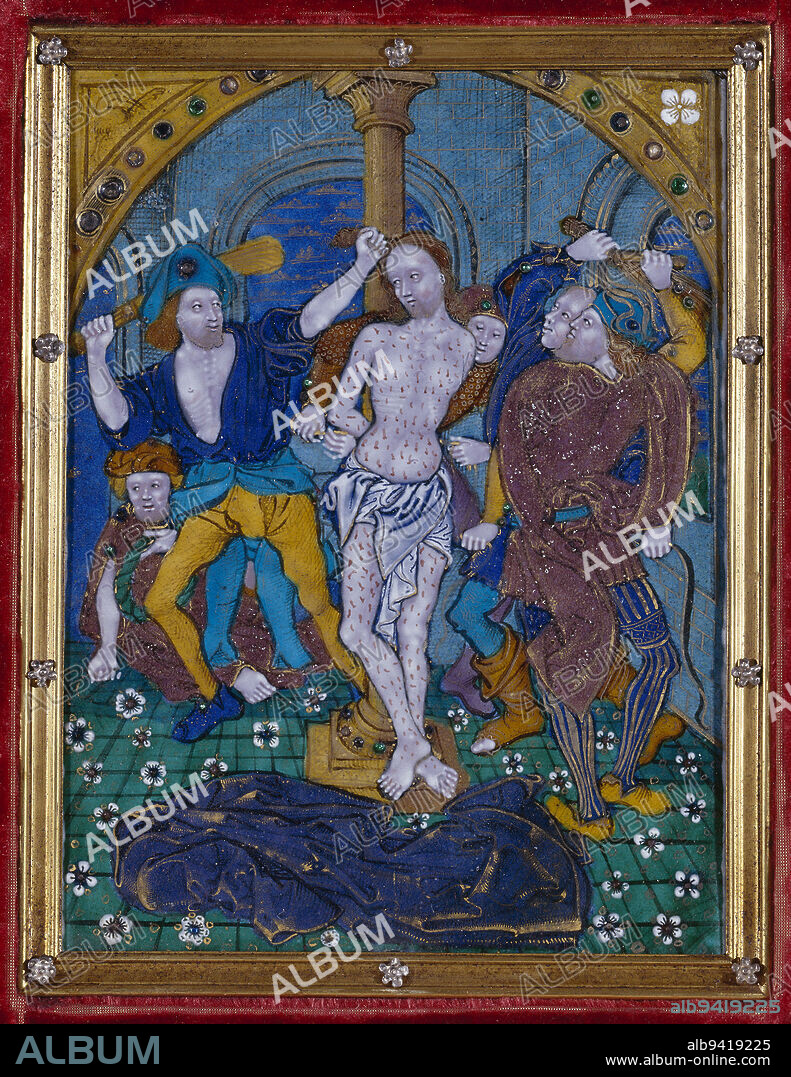 The Flagellation of Christ, Master with large foreheads (workshop of), Enameller, Schongauer, Martin, Author of the model, Pénicaud, Nardon (workshop of), Painter on enamel, Between 1500 and 1530, 16th century, Petit Palais Ground floor Room 35, Silver, Silverware, Beliefs - Customs - Cults - Ceremonies, Decorative Arts, Metal, Metal arts, Element of altarpiece, Enamel (metal technique), Enamel (ceramic technique), Silver, Gold, Limoges, Limoges, Height: 17 cm, Width: 12. 7 cm.