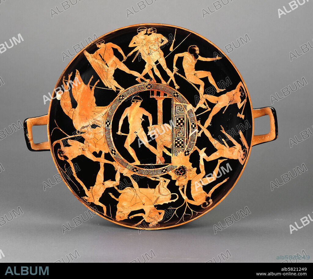 Red-figured cup, Greek, made in Athens, 440-430 BCE. The decoration is dedicated entirely to the deeds of the Athenian hero Theseus. In the tondo he drags the dead or dying Minotaur from the Labyrinth of Knossos, its maze of passages suggested by the meander squares. Around this Theseus is shown attacings Kerkyon, Procrustes, Skiron, the Bull of Marathon, Sinis and the Krommyonian Sow. GR 1850.3-2.3.