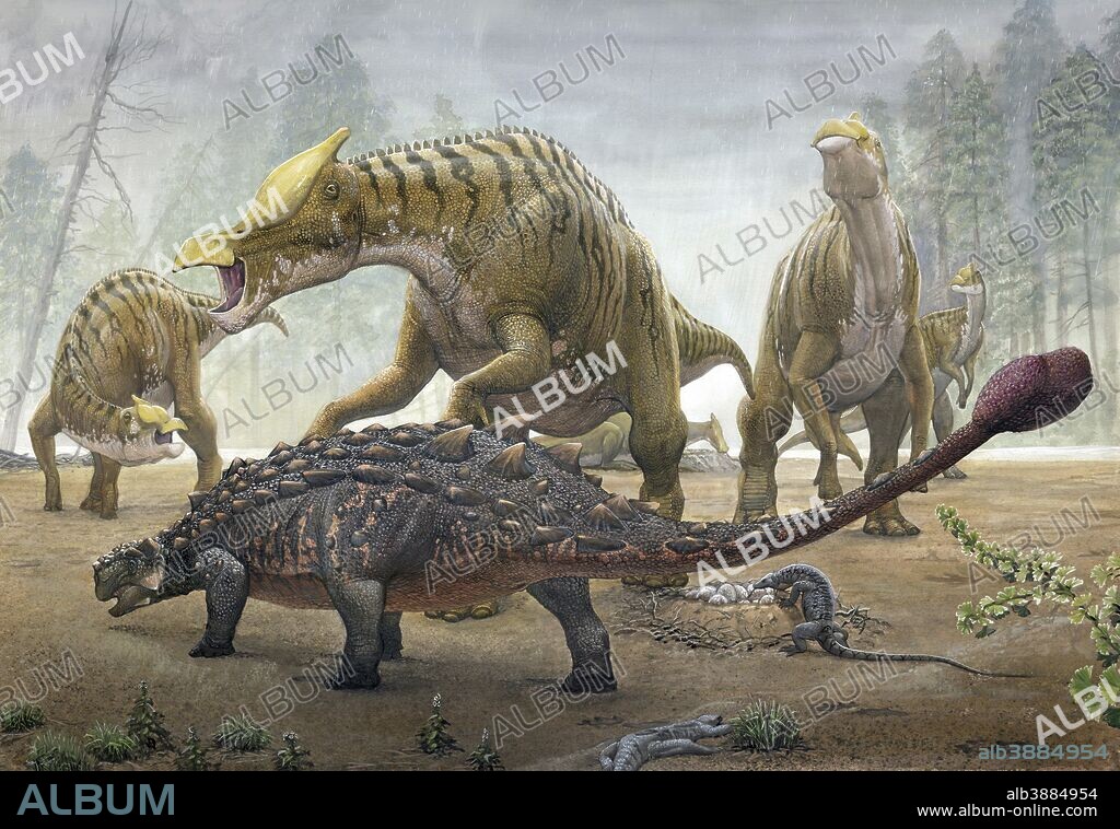 A female Saurolophus attempts to crush a Tarchia armored dinosaur as it seeks to destroy their nest.