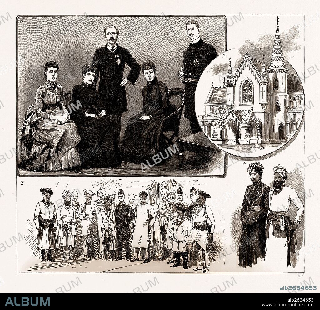 LORD DUFFERIN AT INDORE, 1886: 1. The Viceregal Party. 2. The Daly College, Indore, Opened by the Viceroy, Nov. 14. 3. Sir Lepel Griffin, with H.H. the Maharajah Holkar and other Chiefs, awaiting Lord Dufferin's arrival at Indore. 4. The Thakoor Sahib of Bagri and Maharajah Kumar of Sailana; The Hon. Miss Thynne, Lady Helen Blackwood, Lord Dufferin, Lady Dufferin, Sir Lepel Griffin.