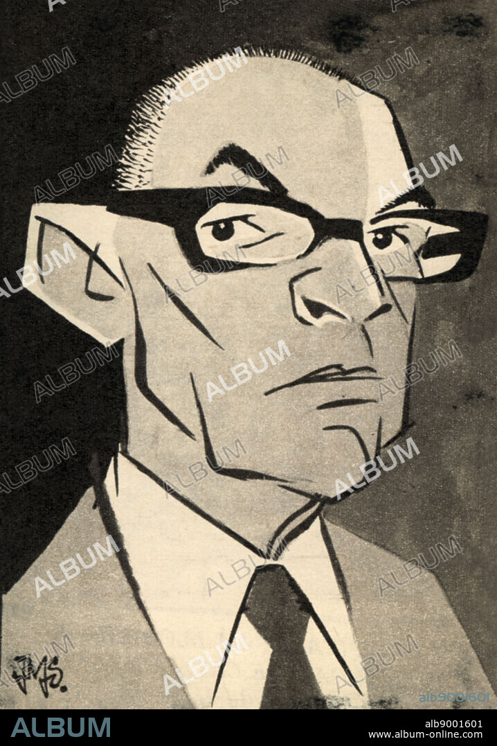 Salvador Espriu Castelló (1913-1985), poeta, dramaturgo y novelista catalán. Caricatura de Josep Maria Serra. Año 1979.