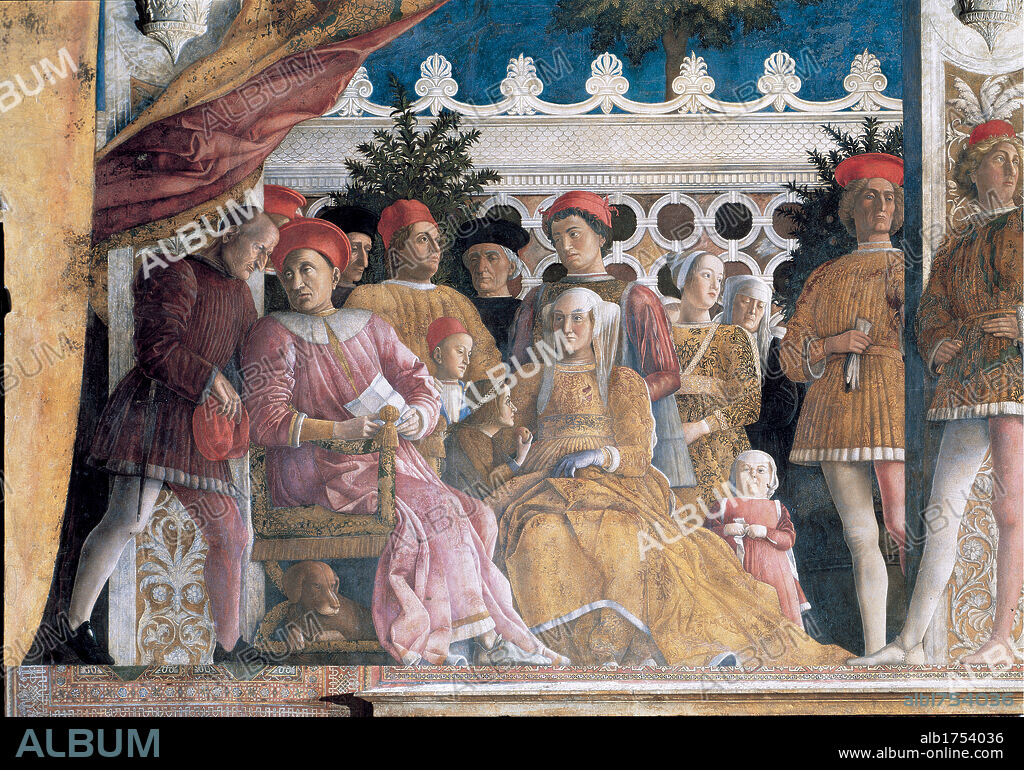 Decoration of the Camera degli Sposi (Camera Picta), by Mantegna Andrea, 1465-1474, 15th Century, fresco and dry tempera. Italy; Lombardy; Mantua; Ducal Palace; . Detail. Northern wall also known as "the fireplace wall". The "Court": the marquise Barbara Von Brandenburg with her sons and daughters, Gianfrancesco, Ludovico, Rodolfo, Paola, Barbara, the dwarf woman and the wet nurse.