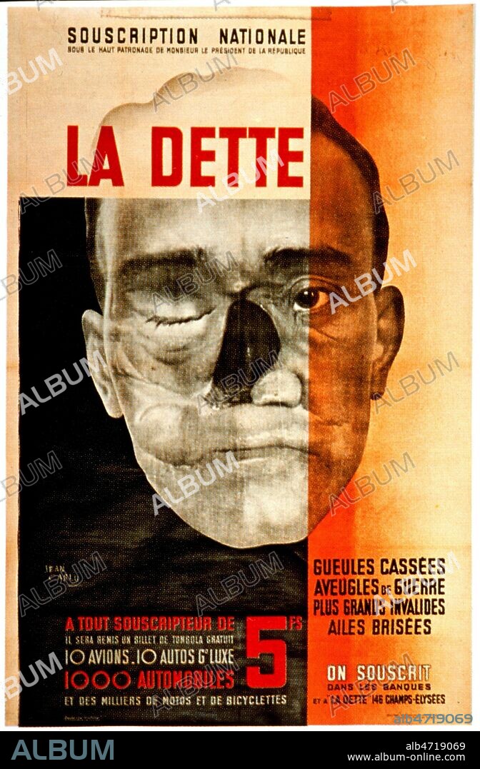 ' La dette.' Affiche de 1931 pour une souscription nationale au profit des ' Gueules Cassees, aveugles de guerre, plus grands invalides, ailes brisees ' de la guerre 14-18, illustree par Jean CARLU (1900-1997) ADAGP. Credit : Collection KHARBINE-TAPABOR.