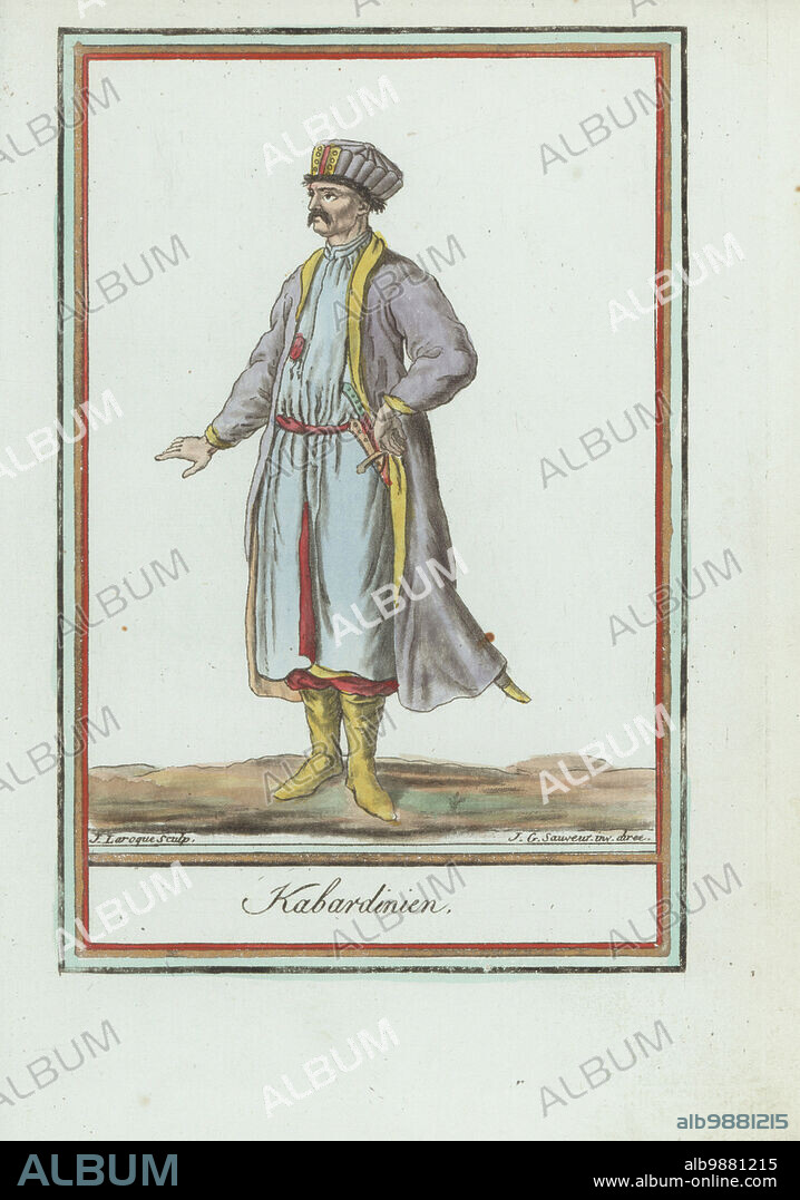 Kabardian man, one of the 12 Circassian tribes. In turban, mustache, domino coat with open sleeves, tunic with belt and scimitars, wide pantalons, and tall boots. Kabardinien. Handcoloured copperplate engraving by J. Laroque after a design by Jacques Grasset de Saint-Sauveur from his Encyclopedie des voyages, Encyclopedia of Voyages, Bordeaux, France, 1792.