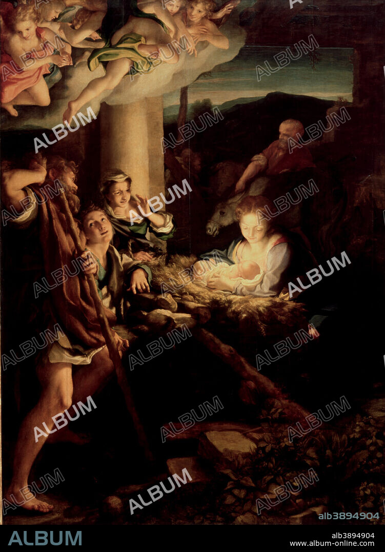 CORREGGIO. The Holy Night. Date/Period: 1522 - 1530. Painting. Oil on panel. Height: 2,560 mm (100.78 in); Width: 1,880 mm (74.01 in).