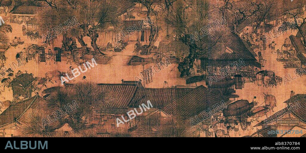 'Along the River During the Qingming Festival' is a painting by the Song dynasty artist Zhang Zeduan (10851145). It captures the daily life of people and the landscape of the Northern Song capital, Bianjing, today's Kaifeng. The theme is said to celebrate the festive spirit and worldly commotion at the Qingming Festival, rather than the holiday's ceremonial aspects, such as tomb sweeping and prayers.<br/><br/>. Successive scenes reveal the lifestyle of all levels of the society from rich to poor as well as different economic activities in rural areas and the city, and offer glimpses of period clothing and architecture. The scroll is 25.5 centimetres (10.0 inches) in height and 5.25 meters (5.74 yards) long. In its length there are 814 humans (of whom only 20 are women), 28 boats, 60 animals, 30 buildings, 20 vehicles, 8 sedan chairs, and 170 trees. The countryside and the densely populated city are the two main sections in the picture, with the river meandering through the entire length.<br/><br/>. The original painting is celebrated as the most celebrated work of art from the Song dynasty.