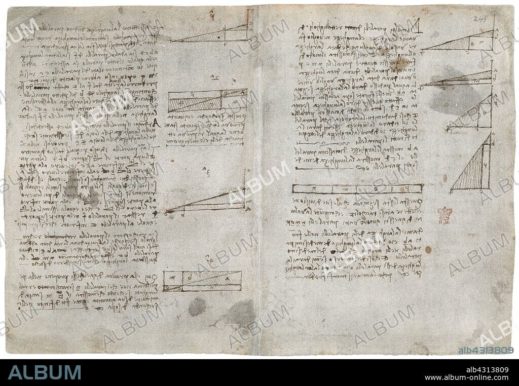 Leonardo Da Vinci. Codex Arundel, 245r. Números  y diagramas. Cuaderno de Leonardo da Vinci ("El Codex Arundel"). Colección de documentos escritos en italiano por Leonardo da Vinci (n. 1452, d. 1519).