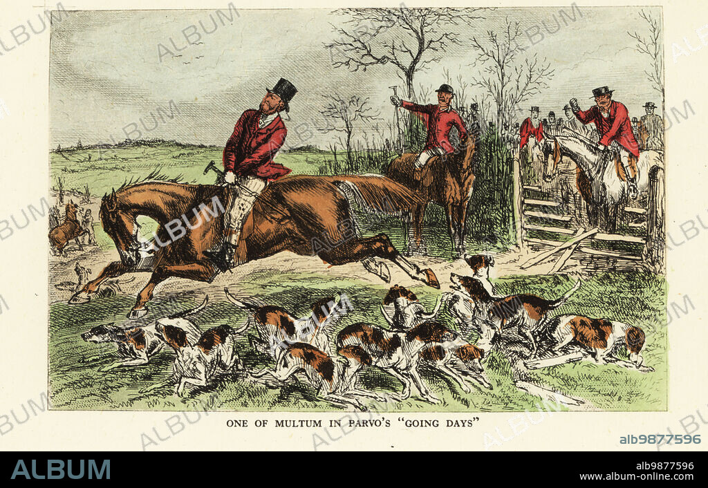 A horse bolts through a gate during a foxhunt, 19th century. Riders in hunting pinks and a pack of foxhounds watch as the huntsman tries to regain control. One of Multum in Parvos going days. Handcoloured steel engraving after an illustration by John Leech from Robert Smith Surtees Mr. Sponges Sporting Tour, Bradbury and Evans., London, 1853.