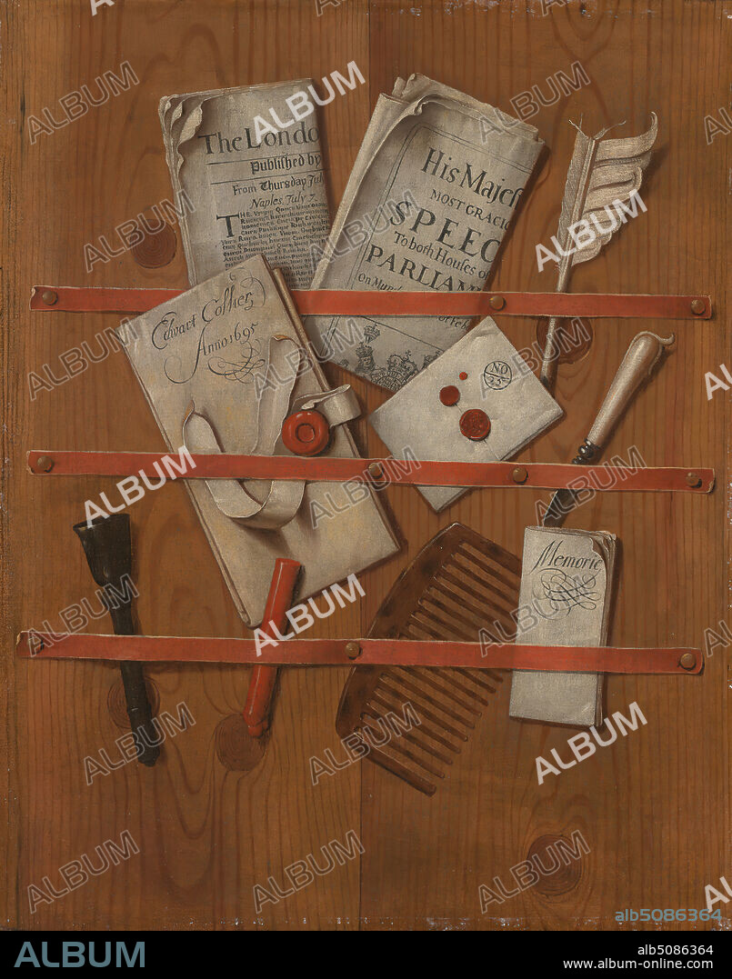 A Letter Rack, Edward Collier, 16421708, Dutch, active in London 16931702 and 17061708, 1695, Oil on canvas, Overall: 23 1/4 × 18 1/2 inches (59.1 × 47 cm), comb, letter opener, letter rack, newspaper, paper, quill, stamp (tool), still life, wax, wood.