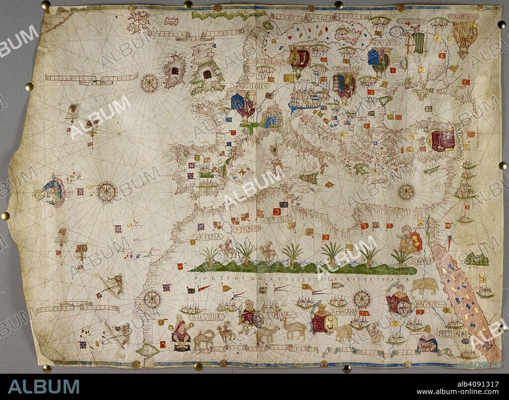 Map of Europe, Asia Minor, and Africa, as far south as Cape Rosso; with the Azores, Madeira, Canary Islands, Cape Verde Islands.The Mediterranean Sea, Black Sea, Red Sea, and coast of Arabia. The map is ornamented with drawings of rulers, including the Kings of France, Poland, Hungary, and the Grand Sultan; and exotic animals, including camels and elephants. Italy; second half of 15th century. [Whole map] Map of Europe, Asia Minor, and Africa, as far south as Cape Rosso; with the Azores, Madeira, Canary Islands, Cape Verde Islands.The Mediterranean Sea, Black Sea, Red Sea, and coast of Arabia. The map is ornamented with drawings of rulers, including the Kings of France, Poland, Hungary, and the Grand Sultan; and exotic animals, including camels and elephants  Image taken from .  Originally published/produced in Italy; second half of 15th century. . Source: Add. 31318 B,. Language: Italian.
